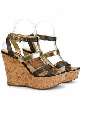 Louis Vuitton Monogram Canvas and Gold Leather Wedge Sandals authentic size 36.5